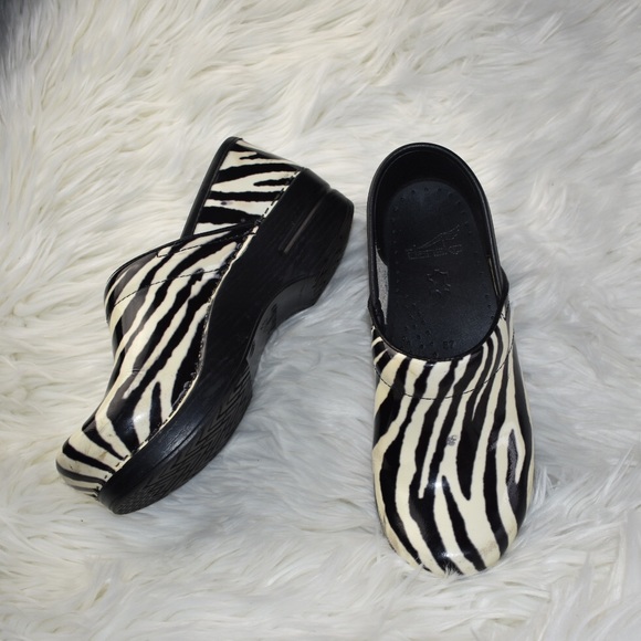 dansko zebra print clogs